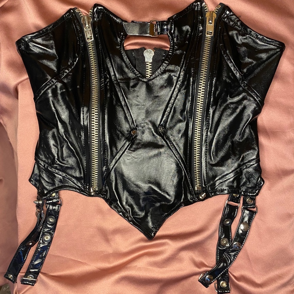 Fetish lip service nylon/poly/spandex heavy-duty zipper corset top